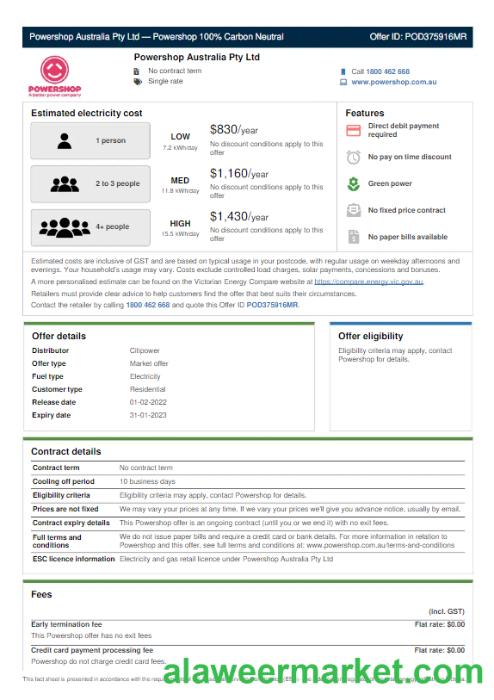 AUSTRALIA POWERSHOP utility bill Word and PDF template